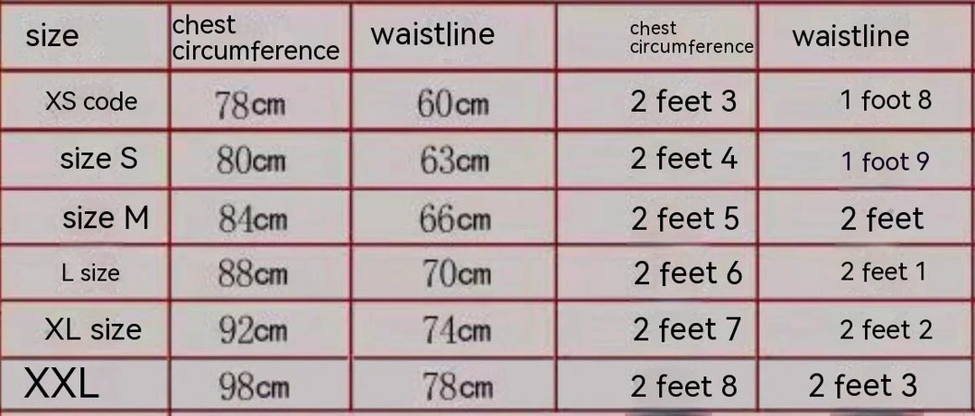 Clothing size chart showing chest and waistline measurements in centimeters and feet for sizes XS to XXL