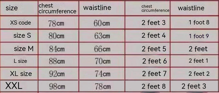 Clothing size chart showing chest and waistline measurements in centimeters and feet for sizes XS to XXL