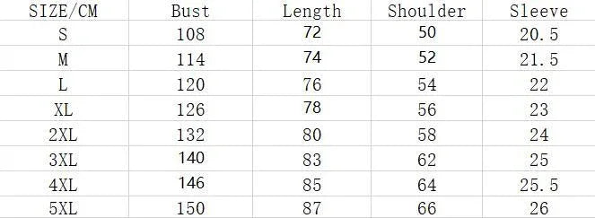 Clothing size chart with bust, length, shoulder, and sleeve measurements for sizes S to 5XL in centimeters