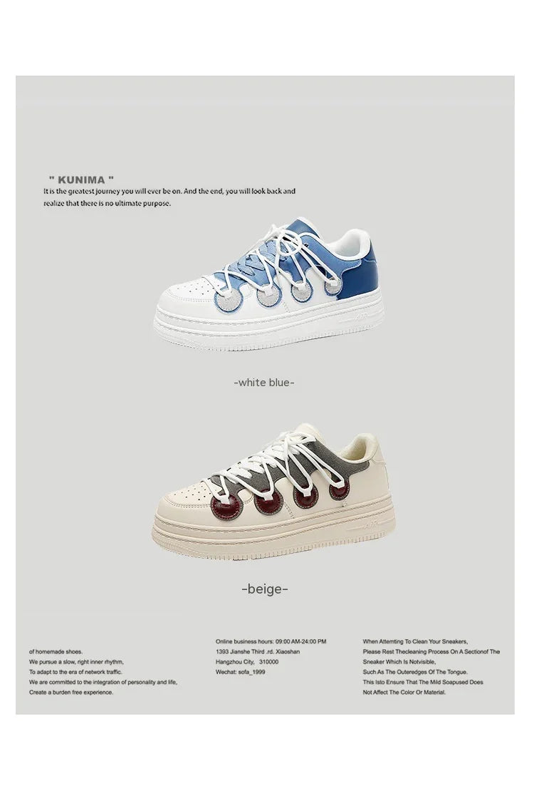 Kunima sneakers in white blue and beige colorways with unique circular details and creative lacing design