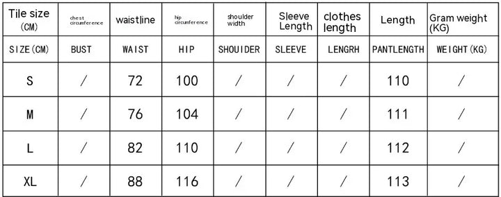 Clothing size chart for waist, hip, and pant length in centimeters for sizes S to XL