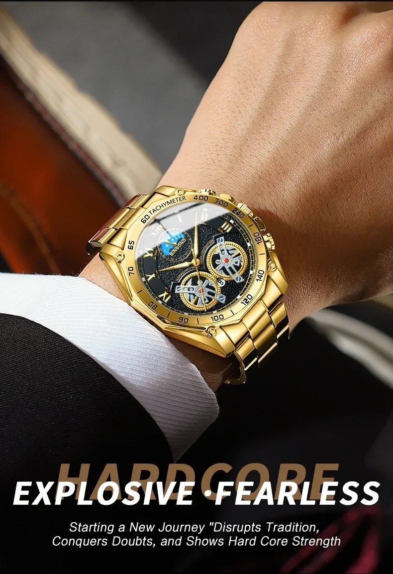 Luxury gold wristwatch with black dial and tachymeter on a wrist in formal attire