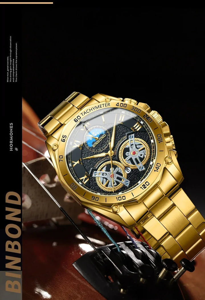 Gold BINBOND tachymeter wristwatch with black dial featuring dual tourbillon and moon phase on violin background