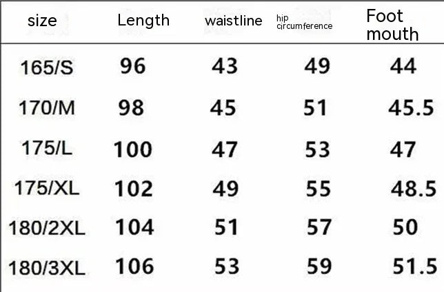 Clothing size chart listing length, waistline, hip circumference, and foot mouth measurements for sizes S to 3XL