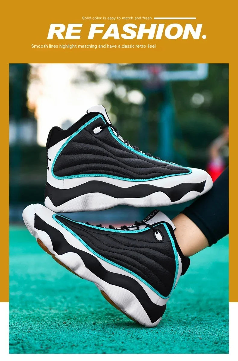 Black and white high-top sneakers with turquoise accents on teal outdoor court background