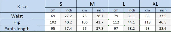 Clothing size chart displaying waist, hip, and pants length measurements in centimeters and inches for sizes S to XL