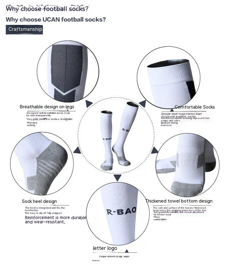 UCAN white football socks with breathable mesh, cushioned heel, elastic support, and R-BAO logo.