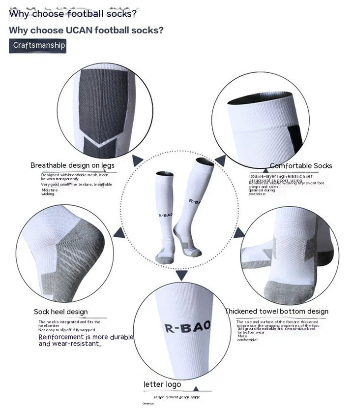 UCAN white football socks with breathable mesh, cushioned heel, elastic support, and R-BAO logo.