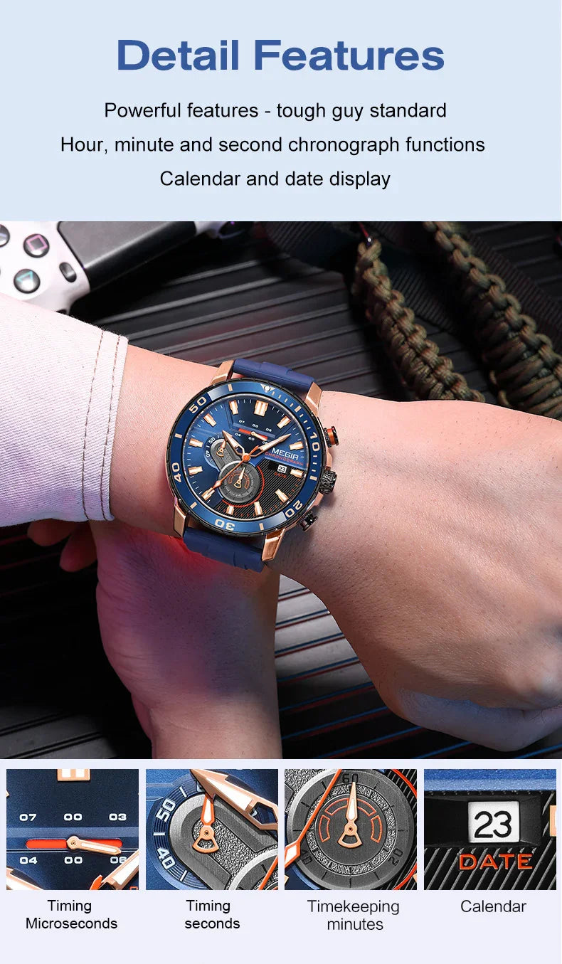 Close-up of a wrist wearing a Megir chronograph watch with blue strap, gold accents, date display, and detailed timing features