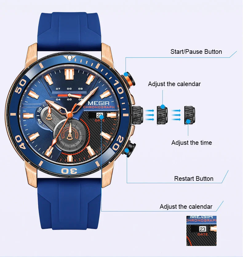 Blue and rose gold Megir chronograph watch with blue silicone strap, detailed dial, and date display