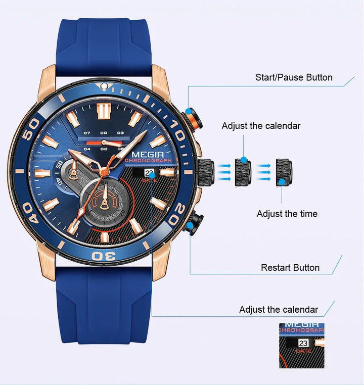 Blue and rose gold Megir chronograph watch with blue silicone strap, detailed dial, and date display