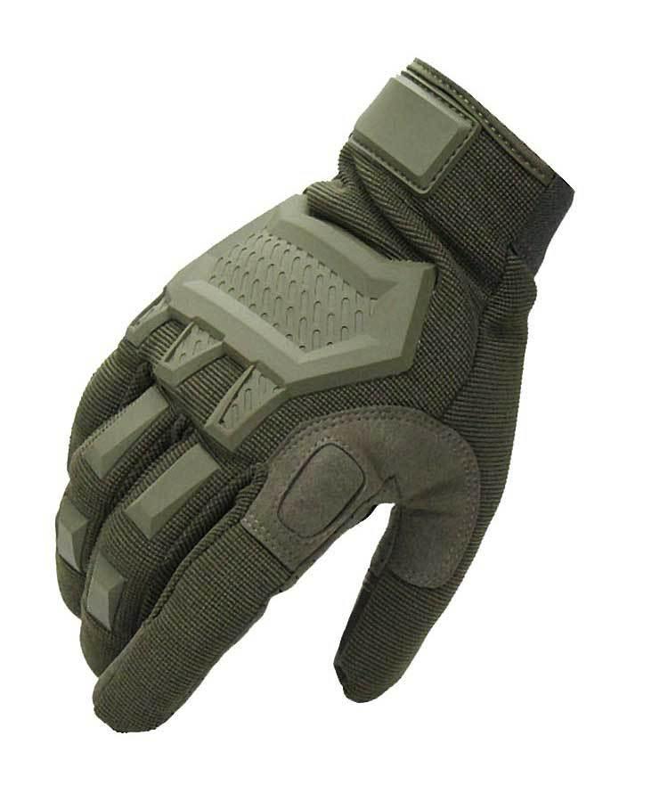 Tactical military glove in olive green with padded knuckles and reinforced stitching