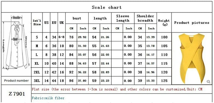 Size chart for sleeveless yellow fashion top with bust, length, shoulder measurements in cm and inches