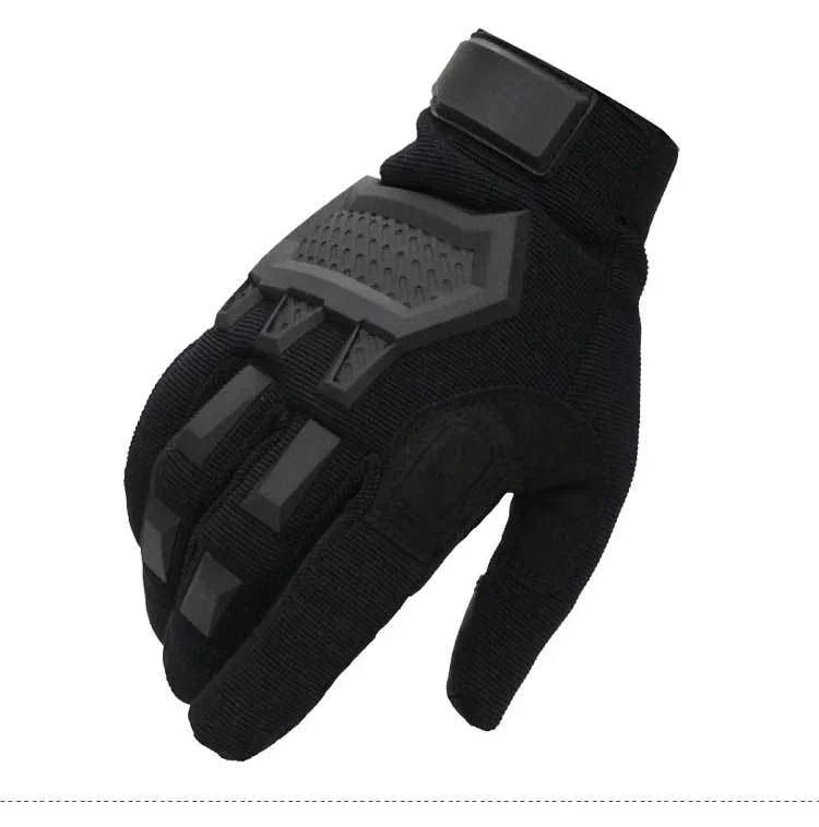 Black tactical glove with reinforced knuckle protection and adjustable wrist strap