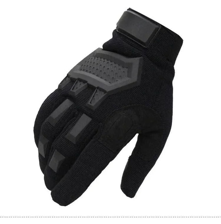 Black tactical glove with reinforced knuckle protection and adjustable wrist strap