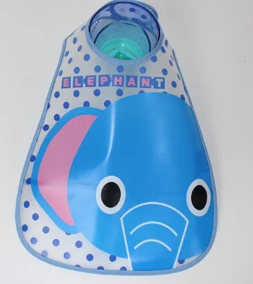 Blue elephant-themed bib with pink ear and polka dots holding a blue cup
