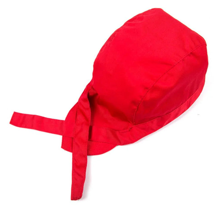 Bright red cotton bonnet with ties on white background, vintage style headwear