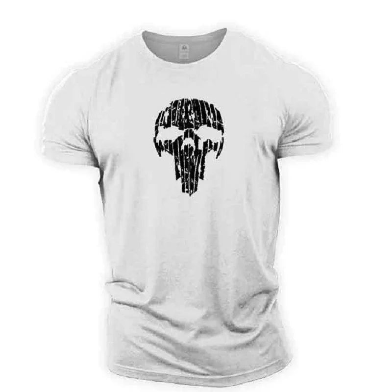 White t-shirt with black distressed skull design graphic in center