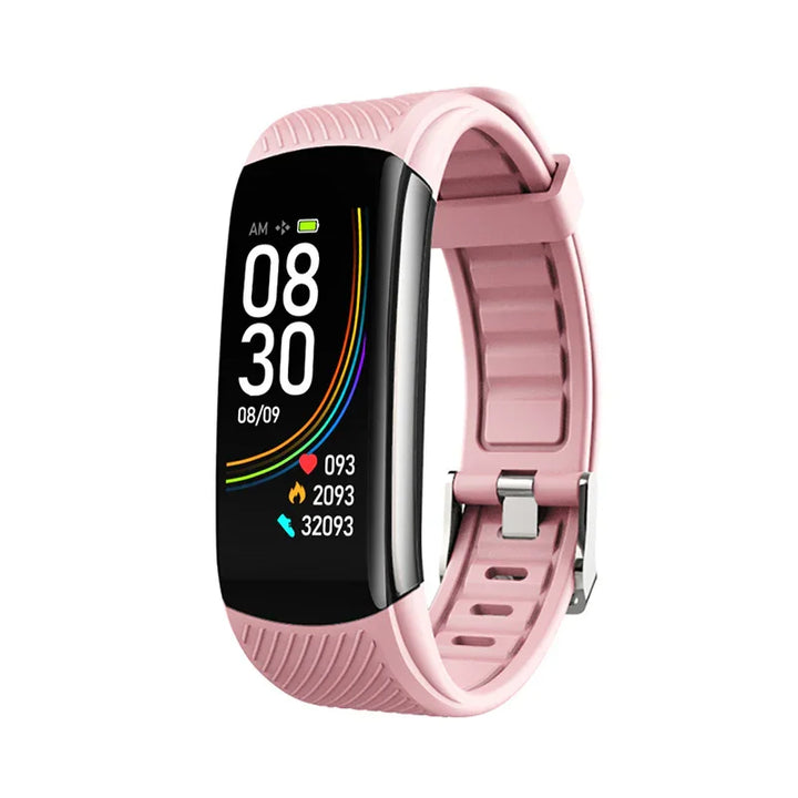Pink fitness tracker smartwatch with color display showing time, date, heart rate, calories burned, and steps