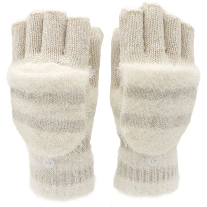 Beige knit fingerless gloves with fluffy fold-over mitten covers and button detail