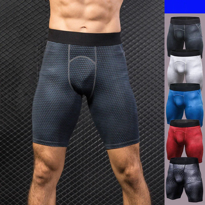 Men's textured compression shorts in various colors against a geometric black background