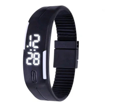 Black digital LED wristband watch with adjustable strap showing time 12:28