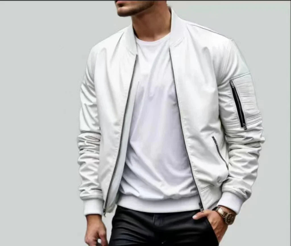 Man wearing stylish white bomber jacket with zipper pockets and white t-shirt