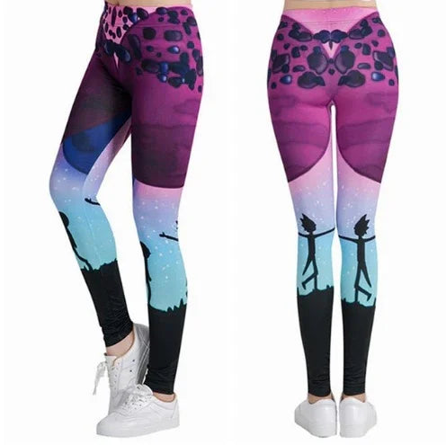 Colorful women's leggings with purple, blue, and black gradient and silhouette design, worn with white sneakers