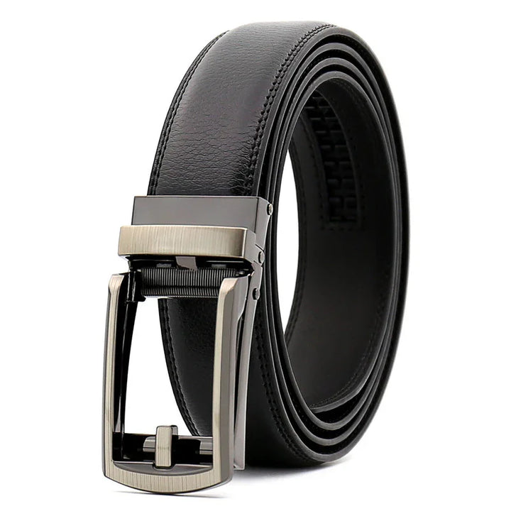 black leather ratchet belt with silver automatic buckle on white background