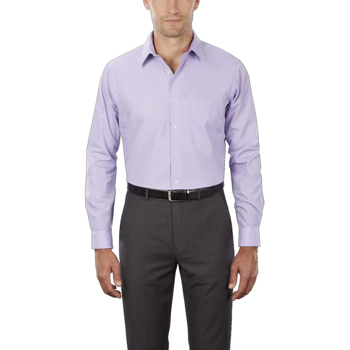 Man wearing a lavender long-sleeve dress shirt with a chest pocket, black belt, and gray dress pants