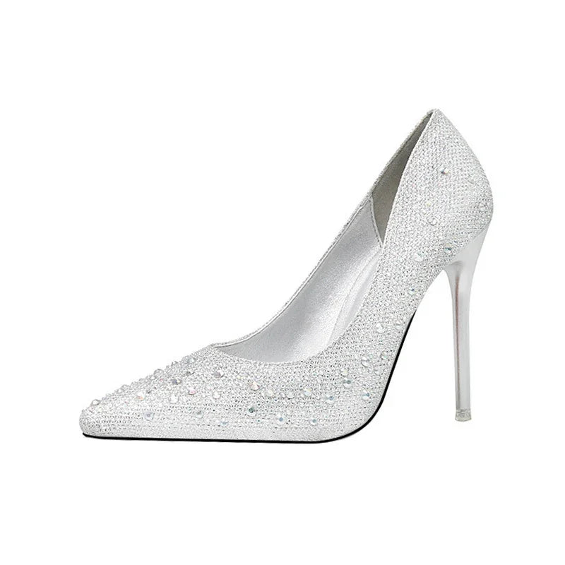 Silver high heel stiletto shoe embellished with rhinestones and sparkling crystals