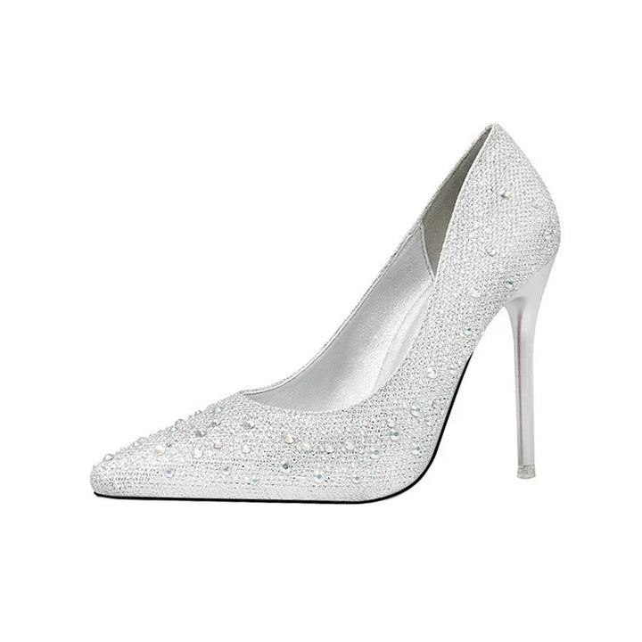 Silver high heel stiletto shoe embellished with rhinestones and sparkling crystals