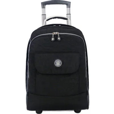 Black rolling carry-on suitcase with telescopic handle and front zip pocket on white background