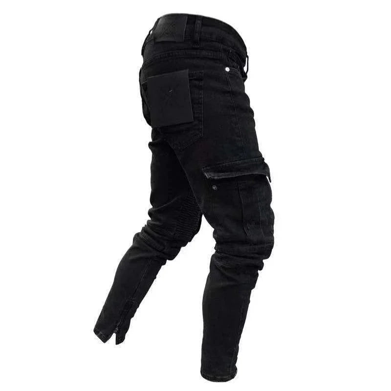 black slim fit cargo jeans with zipper ankles and back pocket detailing
