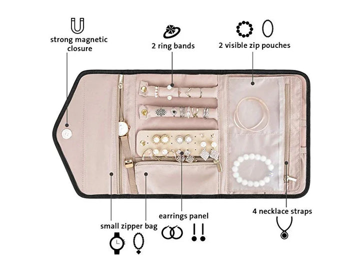 open beige jewelry organizer with magnetic closure, ring bands, zip pouches, earrings panel, and necklace straps