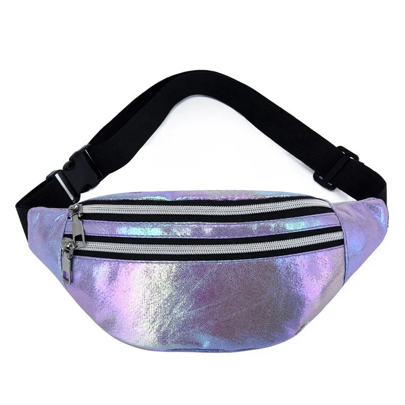 Iridescent purple metallic fanny pack with two zippered compartments and adjustable black strap