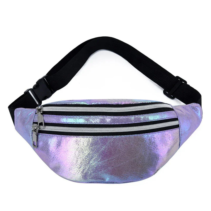 Iridescent purple metallic fanny pack with two zippered compartments and adjustable black strap
