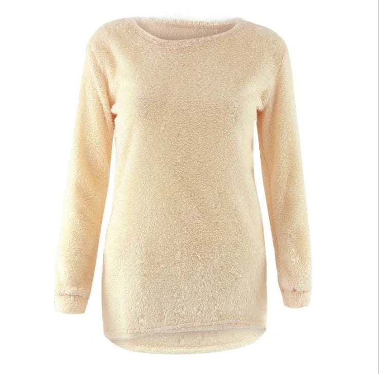 Beige long-sleeve fuzzy sweater with crew neckline on white background