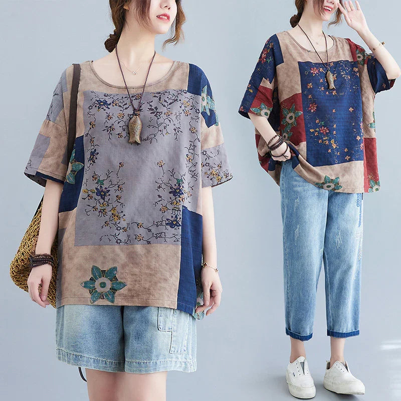 Women wearing loose floral patchwork print casual t-shirts paired with denim shorts and jeans