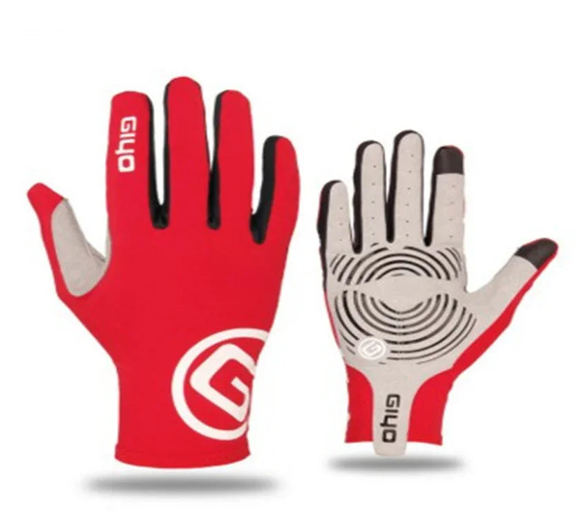 Red and white Giyo cycling gloves with grip patterns and black finger tips