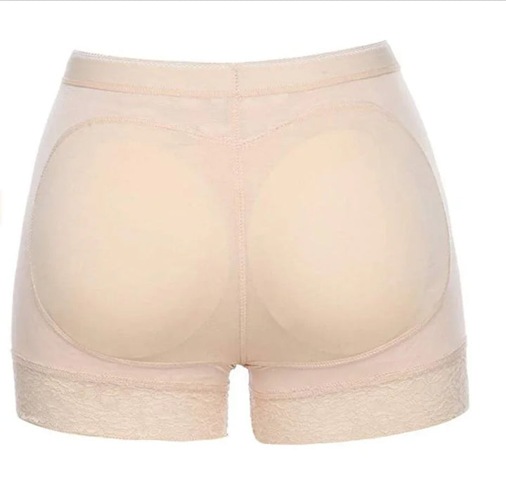 Beige padded butt lifter shorts with lace trim, seamless shaping underwear