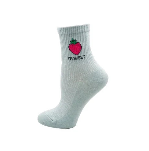 White ribbed ankle sock with a red strawberry and text 'I'M SWEET' embroidered