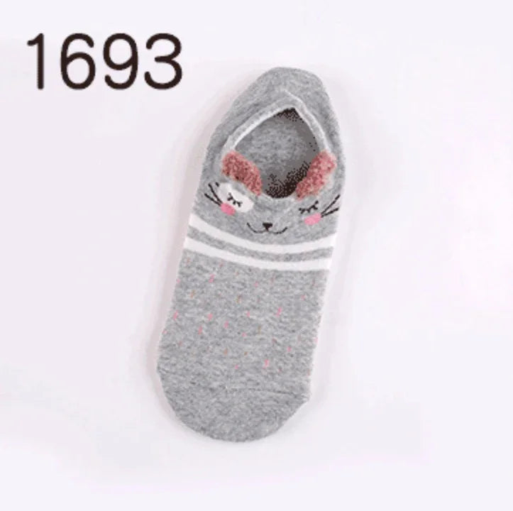 Gray no-show sock with cute mouse face design and pink ears, featuring white stripes