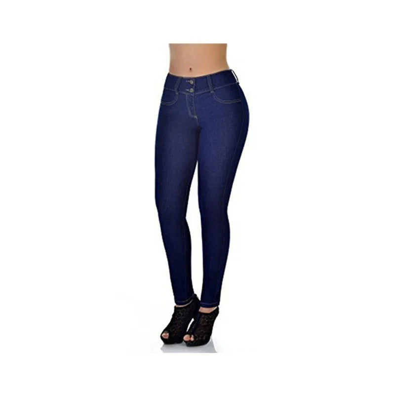 Womens high-waisted dark blue skinny jeans with front buttons, paired with black open-toe heels