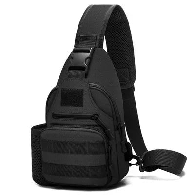Black tactical sling backpack with multiple zippered compartments and adjustable padded strap