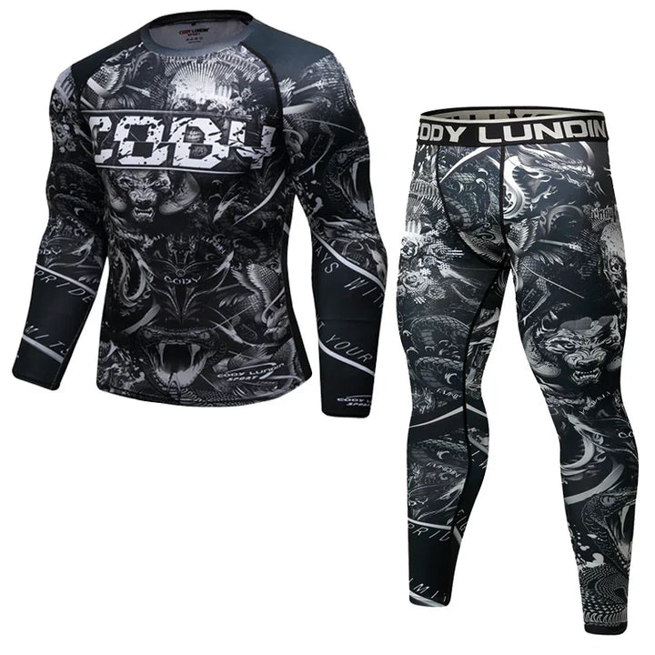 Black and white Cody Lundin compression set with dragon and skull graphic designs and logo branding