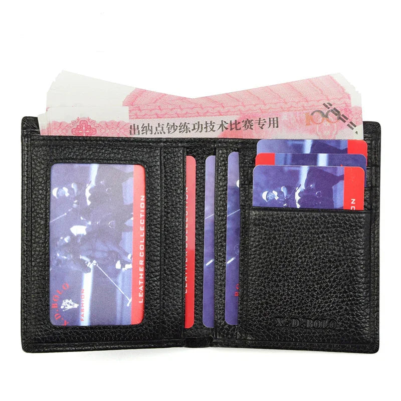 Black leather wallet open showing multiple credit card slots and cash with Chinese text