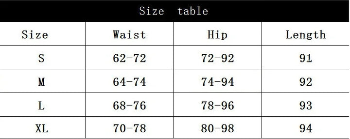 Size chart for clothing showing waist, hip, and length measurements for sizes S to XL