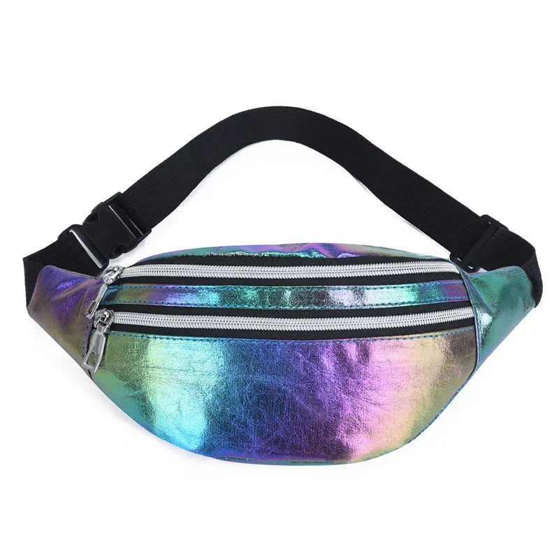 Holographic rainbow fanny pack with dual silver zippers and black adjustable strap