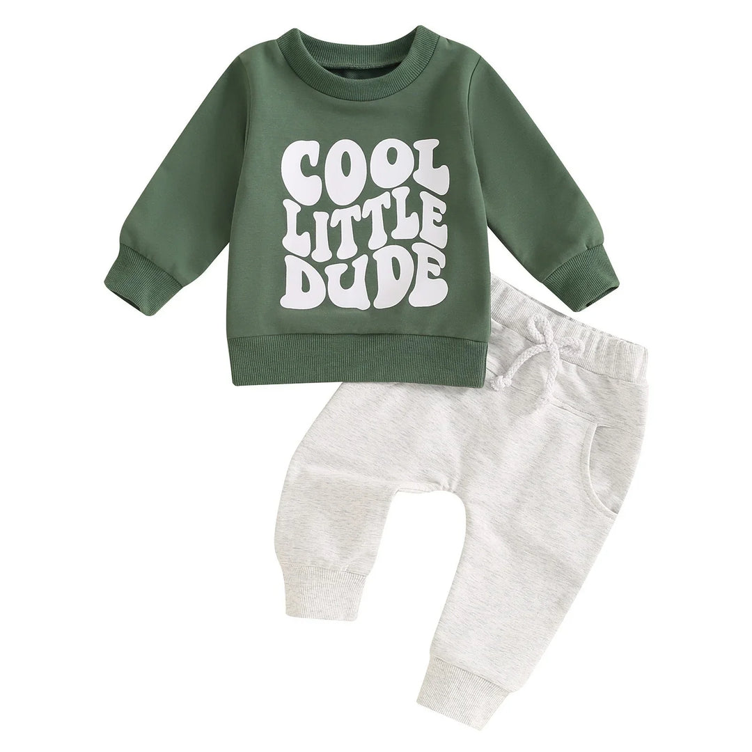 Green toddler sweatshirt with "COOL LITTLE DUDE" text and light gray baby sweatpants set
